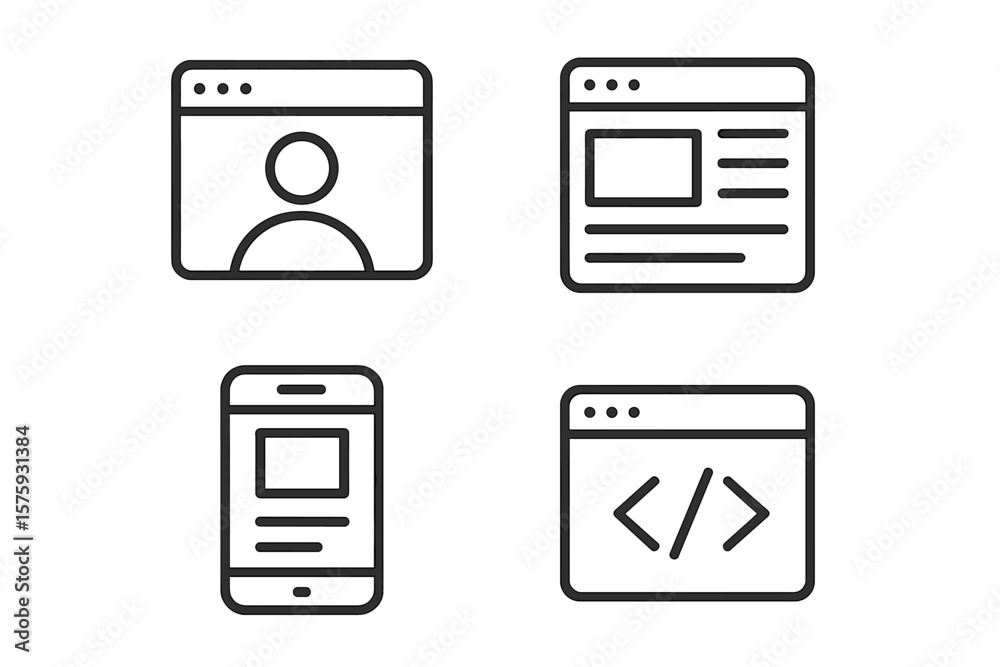 Poster Set of 4 Line Style Web and Mobile UI Icons: User Profile, Webpage Layout, Mobile App, Coding Interface, Minimalist Vector Design
