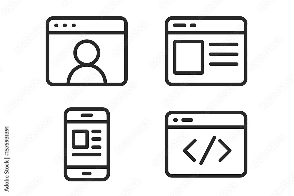Poster Modern UI UX Web and Mobile Interface Icon Set. Line Style User Interface, Webpage, Mobile App, Web Development, Coding, Profile, Dashboard, Responsive Design, Minimal Symbols