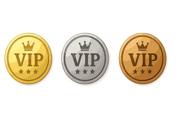 VIP Membership Badge Set. Gold, Silver, Bronze VIP Icons with Crown and Stars. Round Luxury Label for Loyalty Program, Rewards, Exclusive Access, Premium Club, Membership Levels, Modern Vector Design