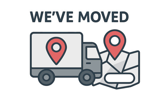 Business relocation announcement vector design, We have moved message, office move notification, company address change, corporate moving sign, modern relocation concept