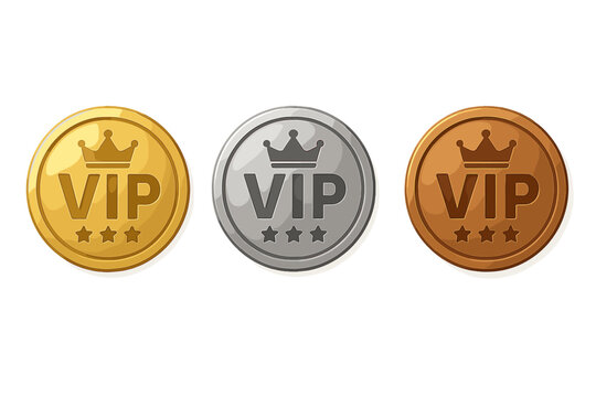 VIP Membership Badge Icons Set. Gold, Silver, Bronze VIP Labels with Crown and Stars. Three Level Round VIP Emblem. Luxury Reward, Exclusive Access, Premium Club, Loyalty Program Vector Illustration