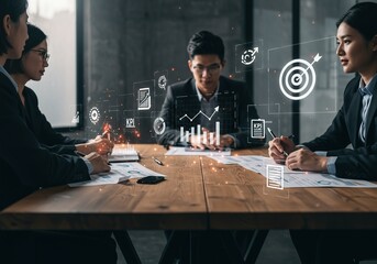 Diverse business team collaborating in a meeting using digital icons for data analysis and strategic planning for growth.