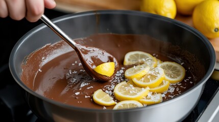 Person Stirring Rich Smooth Chocolate Mixture in a Cozy Kitchen Setting