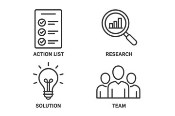Business strategy and solutions icon set. Action list for planning, market research for growth, idea for innovation, teamwork for collaboration. Outline icons for startup goals.