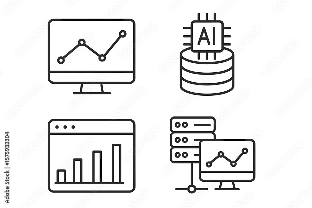 Poster data analytics and analysis icon set. line style web and mobile app icons. data processing, statisti