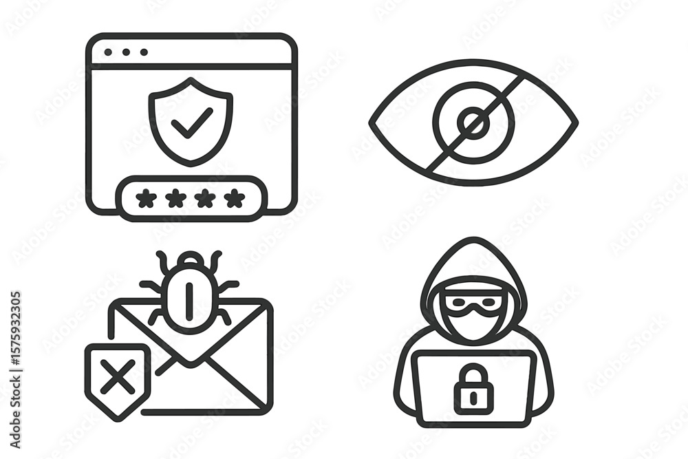 Poster cyber security icon set. hacker attack and data protection. phishing email virus. secure password lo