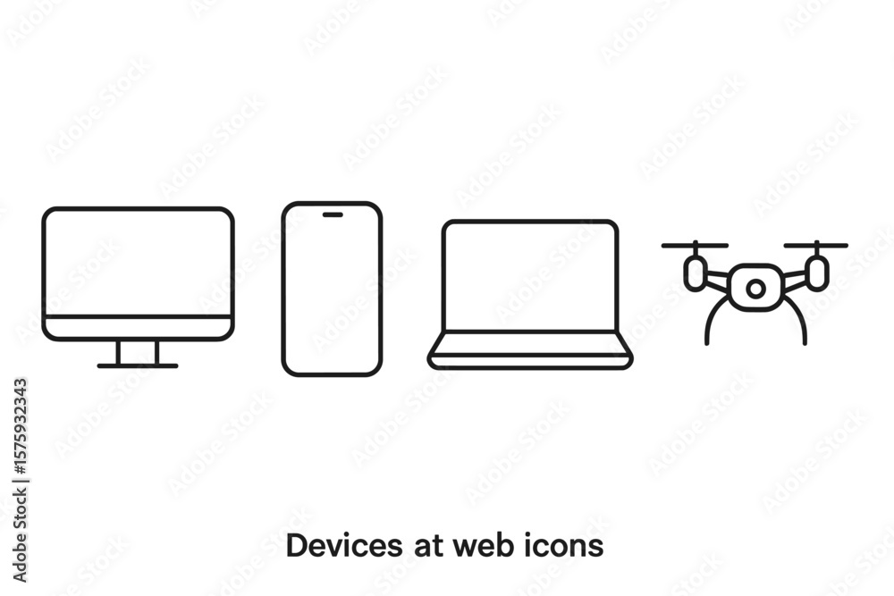 Fototapete Device icon set in thin line style. Electronic gadgets for web and mobile app. Technology symbols. Computer monitor, smartphone, laptop, drone vector linear pictogram collection.