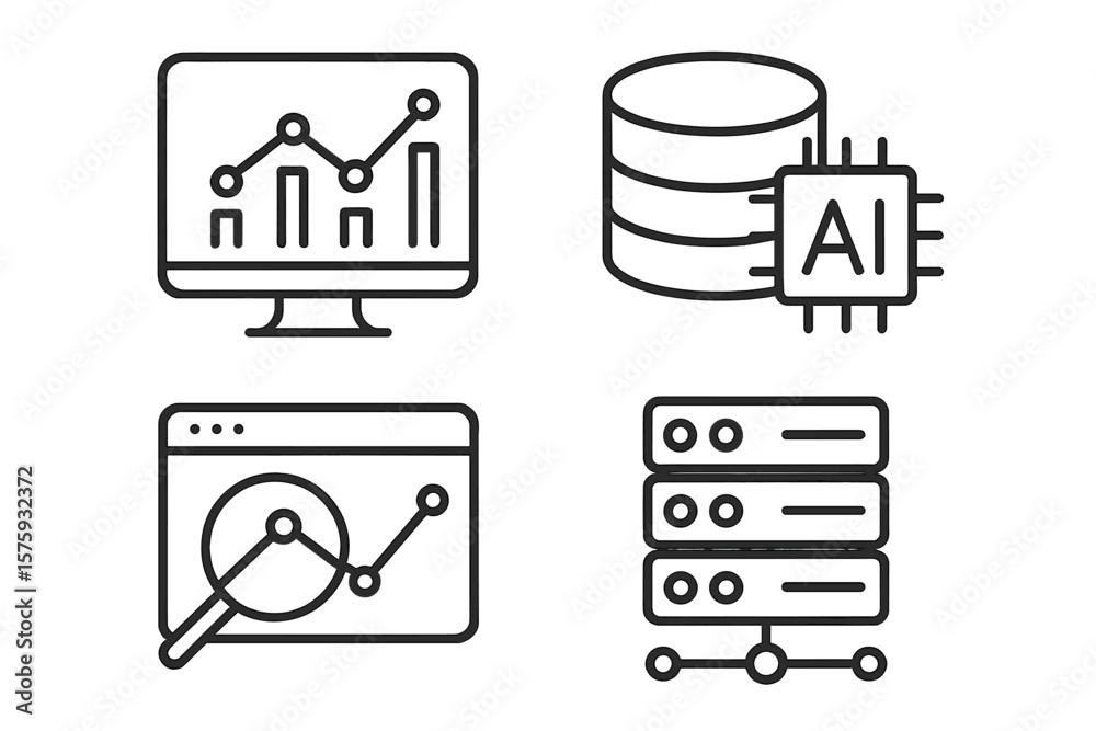 Fototapete Data analysis and AI line icon set. Icons for big data, database, machine learning, server, cloud computing, monitoring, statistics. Business intelligence visualization.