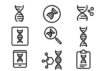 DNA helix and chromosome line icon set. Genetic research and biotechnology concept. Gene, genome and molecule pictogram collection. Biology science and medicine vector symbols.