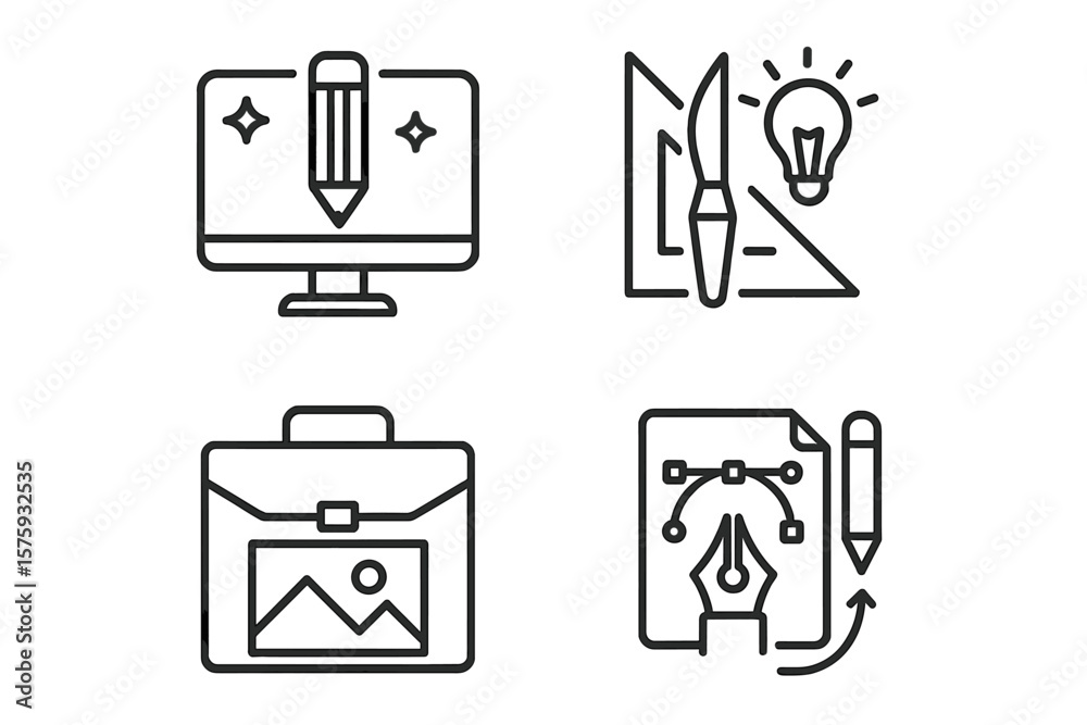 Fototapete set of 4 graphic design icons in thin line style. vector symbols for digital art, creative process, 