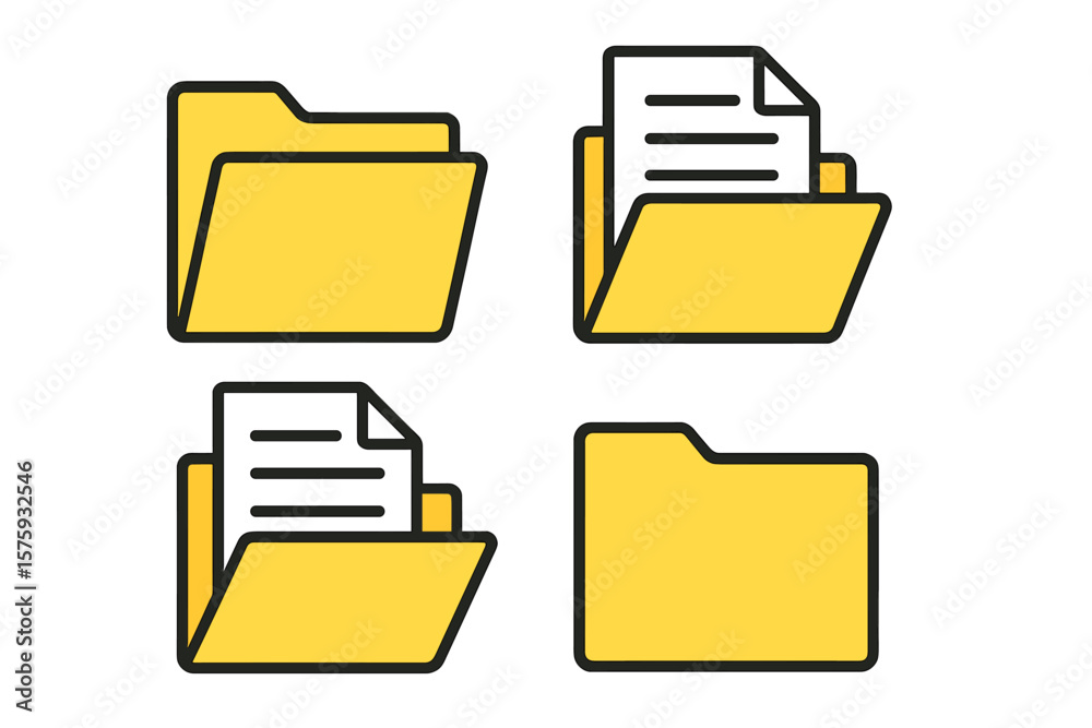 Poster folder icon set. flat design yellow folders with documents. open and closed folder icons for file st