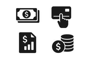 Finance solid icon set. Money and payment symbols for web and mobile app. Cash, credit card transaction, financial report, coin savings. Banking, business, economy vector.