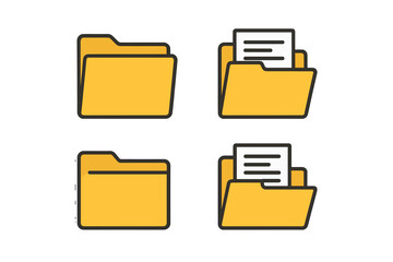 Set of folder icons. Open and closed folders with documents. Flat vector illustration for web design. Office data, file directory, storage, and archive symbol concept.