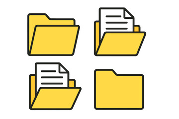 Folder icon set. Flat design yellow folders with documents. Open and closed folder icons for file storage, data management, document directory and office archives. Vector.