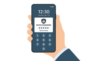 Hand holding smartphone with lock screen. Phone with enter password, PIN code for verification and security protection. Secure access, authorization, authentication concept.