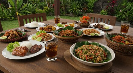 Outdoor dining table laden with various Indonesian dishes