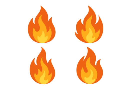 Fire flame icon set of 4. Vector fire symbols. Hot burn bonfire element. Danger warning sign. Campfire heat logo. Energy power symbol. Isolated vector illustration.