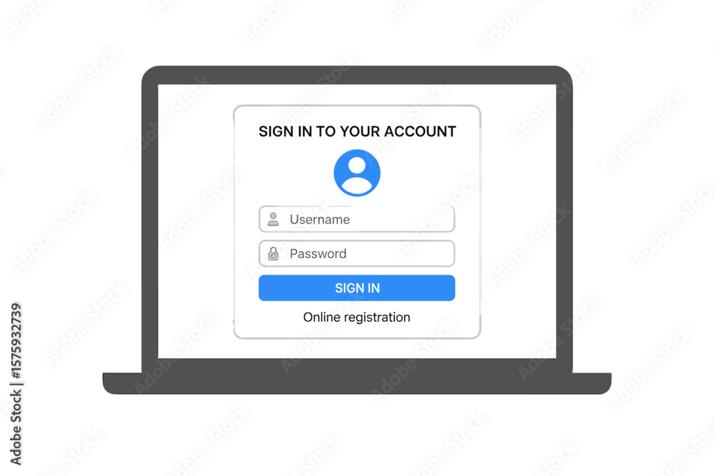 Poster secure login form on laptop screen. online registration and user authorization window. sign in to ac