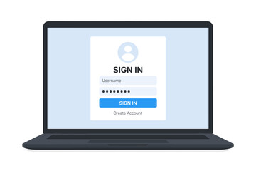 Laptop with login and password form on screen, user authentication, sign in page, registration form, online account access, secure login, username and password entry concept