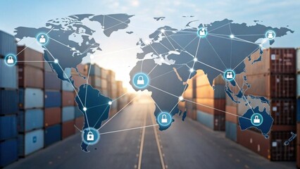 A digital global network overlay on a shipping container yard, symbolizing international trade and logistics connectivity.