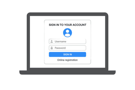 Secure Login Form on Laptop Screen. Online Registration and User Authorization Window. Sign In to Account Page Interface. Username and Password Authentication. Modern Computer Login Concept.
