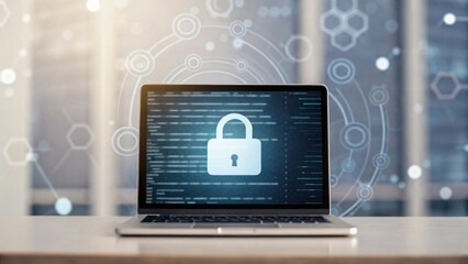 A laptop displays a digital lock symbol on its screen, representing cybersecurity and data protection with a futuristic network overlay in the background.
