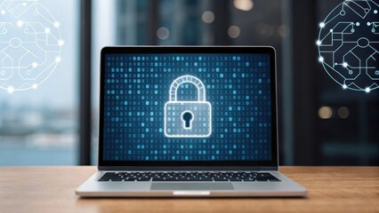 Laptop screen displays a digital padlock symbolizing cybersecurity, data protection, and encryption against a background of binary code.