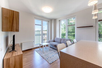 Modern Apartment Living Room with Sofa, Dining Space, and Balcony Window View