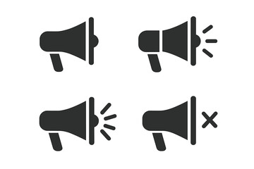 Megaphone Loudspeaker Icon Set. Announcement, Notification, Sound On Off, Mute, Alert, Audio Volume, Speaker Symbol. Communication, Promotion, Marketing, Advertising Concept, Vector Isolated