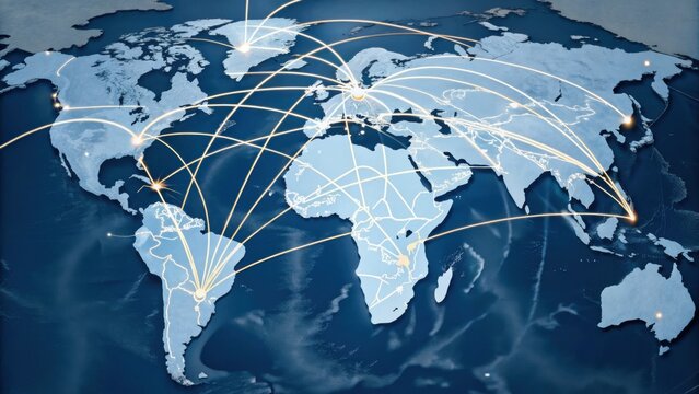 A digital world map showing global connections with illuminated nodes and arcs representing international communication or data exchange. - Powered by Adobe