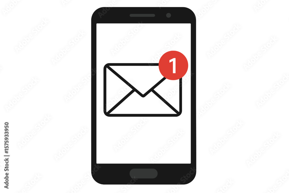 Poster smartphone email notification icon. new message alert symbol. mobile device with envelope and red ba