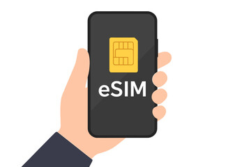 Hand Holding Smartphone with eSIM Symbol, Embedded SIM Card Technology, Modern Mobile Communication, Digital SIM Chip, Wireless Connectivity, Smart Device Innovation