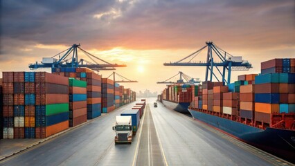 Trucks transporting containers at a busy shipping port with cranes and stacked cargo under a sunset sky.