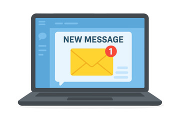 New email message notification on laptop screen. Unread inbox alert. Envelope icon with message badge. Online chat, digital communication, e-mail marketing, internet concept.