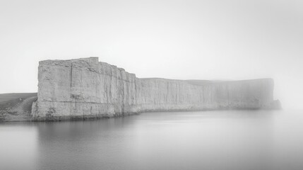 A serene, misty landscape featuring a cliff face by a calm body of water.