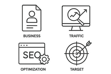 SEO Optimization Business Icons Set. Line Style Web Icons: Search Engine Optimization, Business Profile, Website Traffic, Target, Digital Marketing, Analytics, Strategy, Web Development