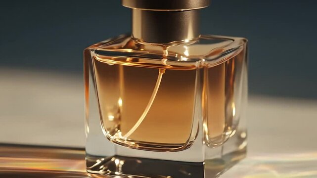 Elegant glass perfume bottle with golden liquid and cap illuminated by soft light, bottle of perfume on white