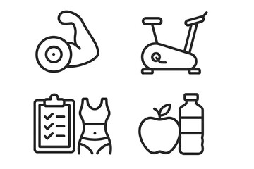 Fitness and Healthy Lifestyle Icons Set. Muscle Training, Cardio Exercise Bike, Body Measurement Checklist, Healthy Food and Hydration. Nutrition, Workout, Gym, Wellness, Diet, Line Style