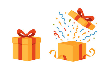 Festive surprise gift box with red ribbon, open and closed, confetti explosion, celebration present, packaging design, birthday, holiday, party, emotional unique gift concept