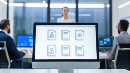 Office scene showing a computer screen with digital file icons, with three business professionals in a modern workspace.