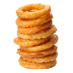 Golden crispy onion rings tower on transparent or clear surface PNG transparent background