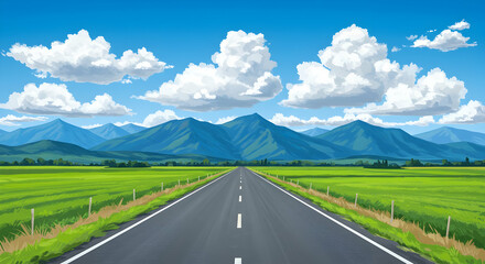 Naklejka premium Endless Road Journey Adventure Travel Scenic Route Mountain View Landscape Summer Vacation Destination Trip Blue Sky Clouds Green Fields Asphalt Highway Drive