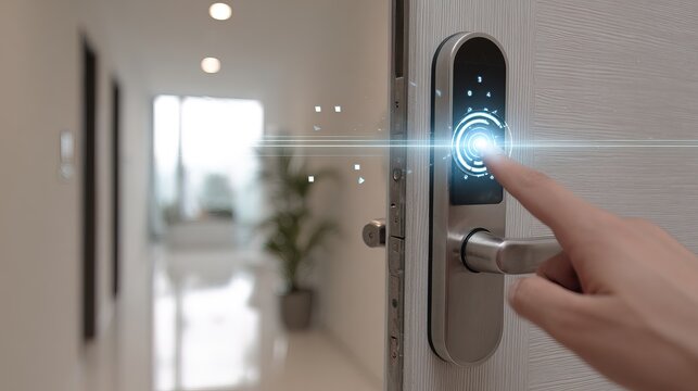 A person unlocking a modern smart door lock with a fingerprint scanner in a bright, minimalistic home interior.