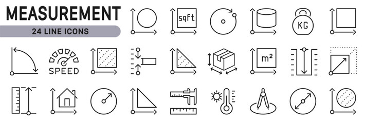 Measurement line icons set with Measure, Area, Dimension, Distance, Diameter, Size, Width, Radius and more. Editable Stroke
