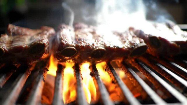 Smoked Ribs On Grill With Flames And Rising Smoke Overhead