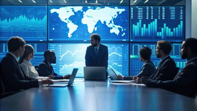 Business team in a modern conference room analyzing global data and financial charts on multiple large screens during a strategic meeting.