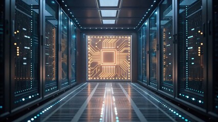 A futuristic server room with illuminated racks surrounds a glowing central microchip on the far wall.
