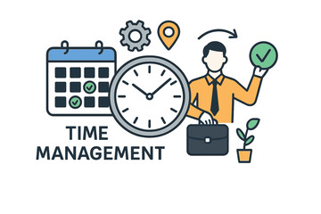 Time management concept with calendar, clock, business person, workflow organization, productivity boost, efficient workday, planning, schedule, deadline, office success