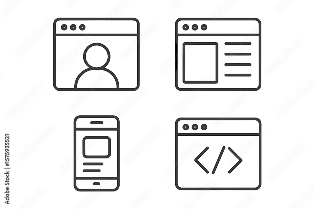 Poster set of 4 web and mobile user interface line icons – profile, webpage layout, mobile app, code symbol