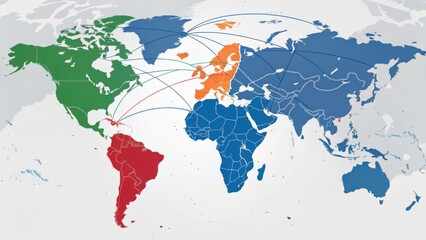 A world map showing intercontinental connections between North America, South America, Europe, and Africa with arrows indicating routes or communication paths.